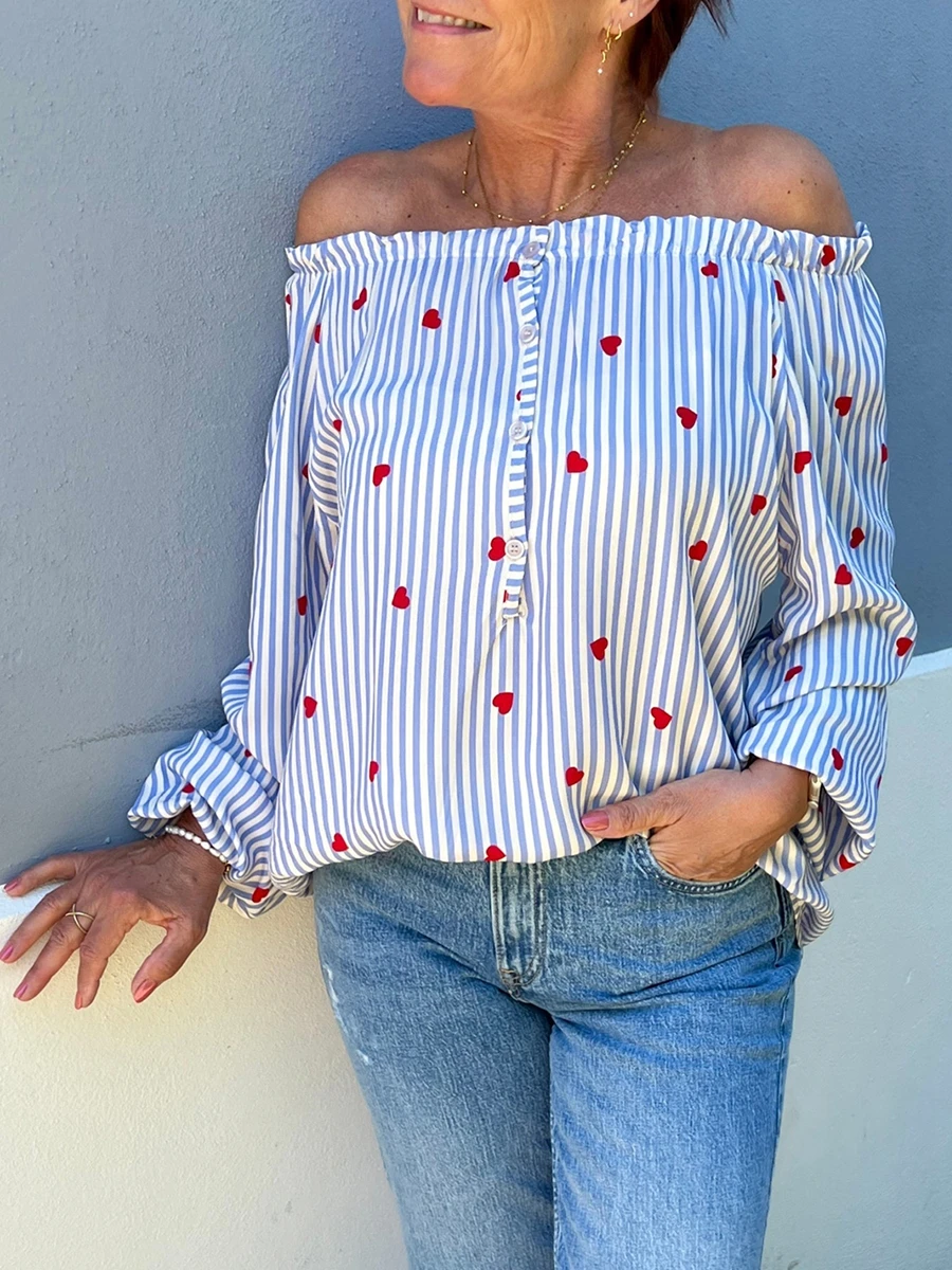 Женские топы с принтом в полоску сердца свободные рубашки длинным рукавом и