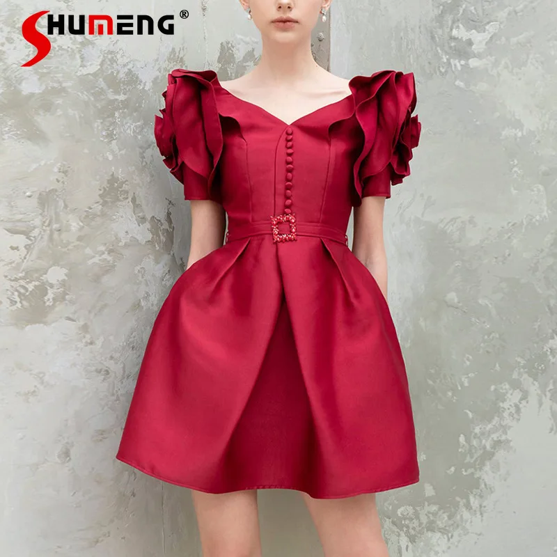 

Short Dress for Women 2022 Spring New Sweet Tridimensional Flower Satin Slimming Waist Short Sleeve V-neck Short Party Dress