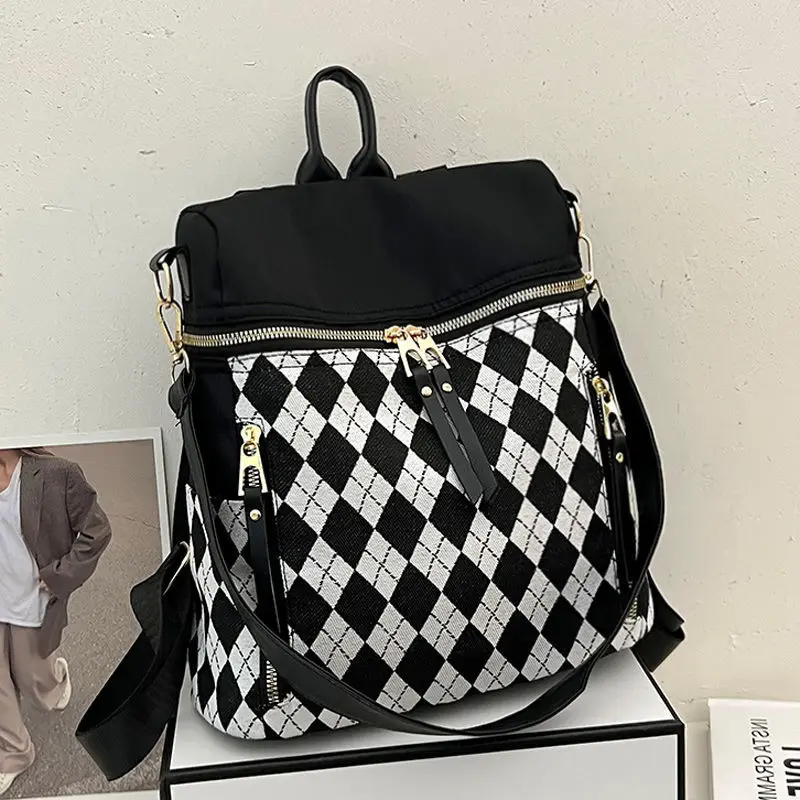 

Oxford Cloth Black And White Contrast Color Rhombus Backpack Women Multi-pocket Design Large-capacity College Style Computer Bag