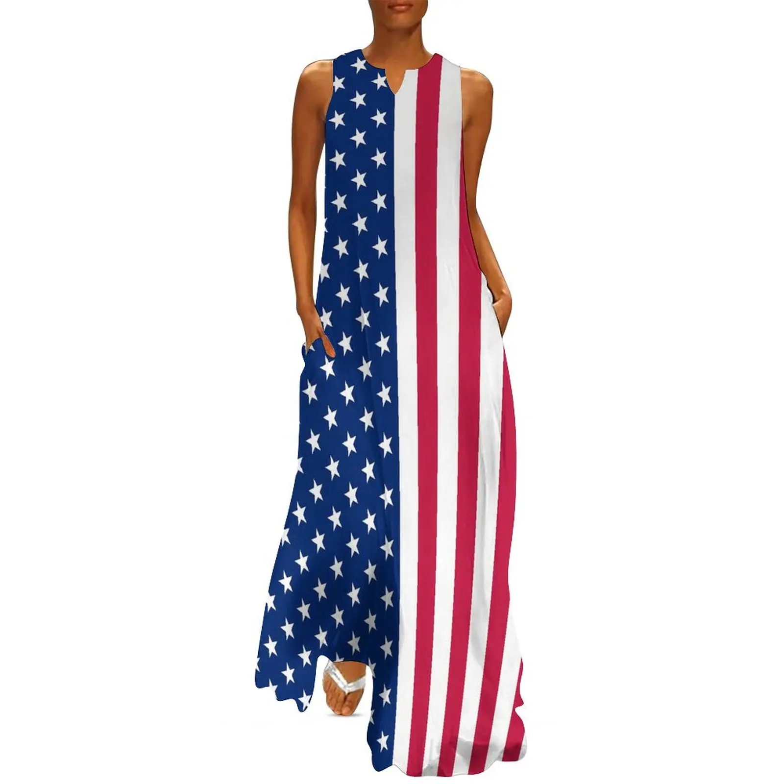 

Patriotic USA Flag Dress Stars Stripes Elegant Maxi Dress Street Wear Bohemia Long Dresses Sleeveless Design Big Size Vestido