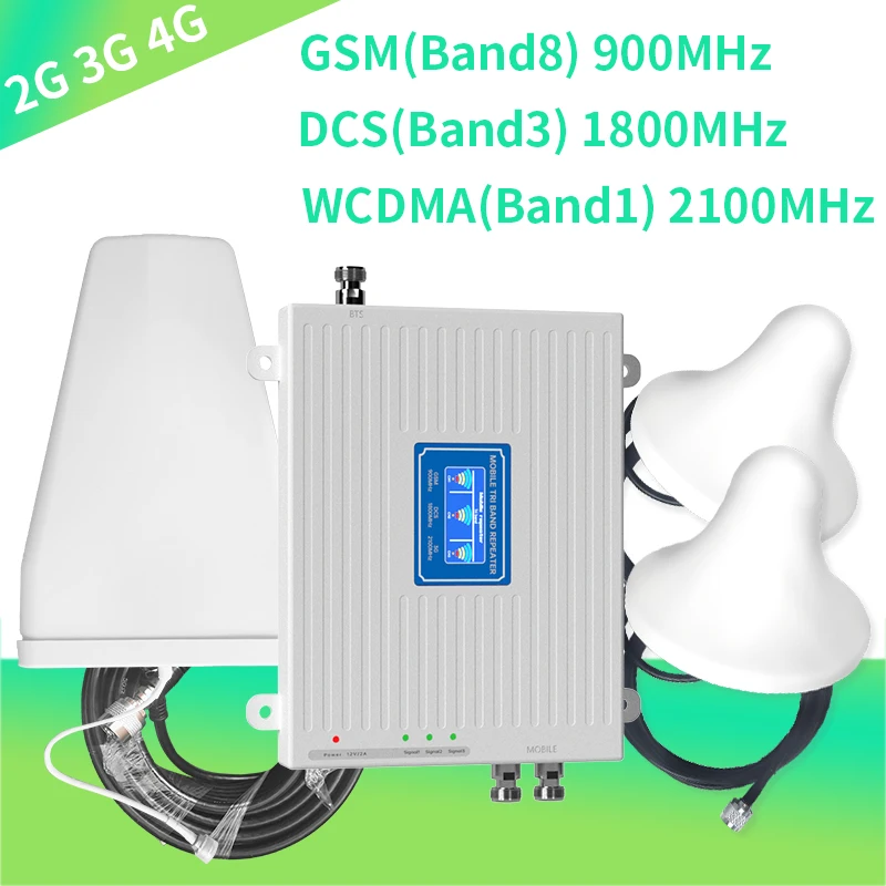 Ретранслятор сотовой связи GSM DCS WCDMA 900 1800 2100 трехдиапазонный 2G 3G 4G Усилитель сигнала Усилитель мобильного сигнала комплект из 2 внутренних антенн
