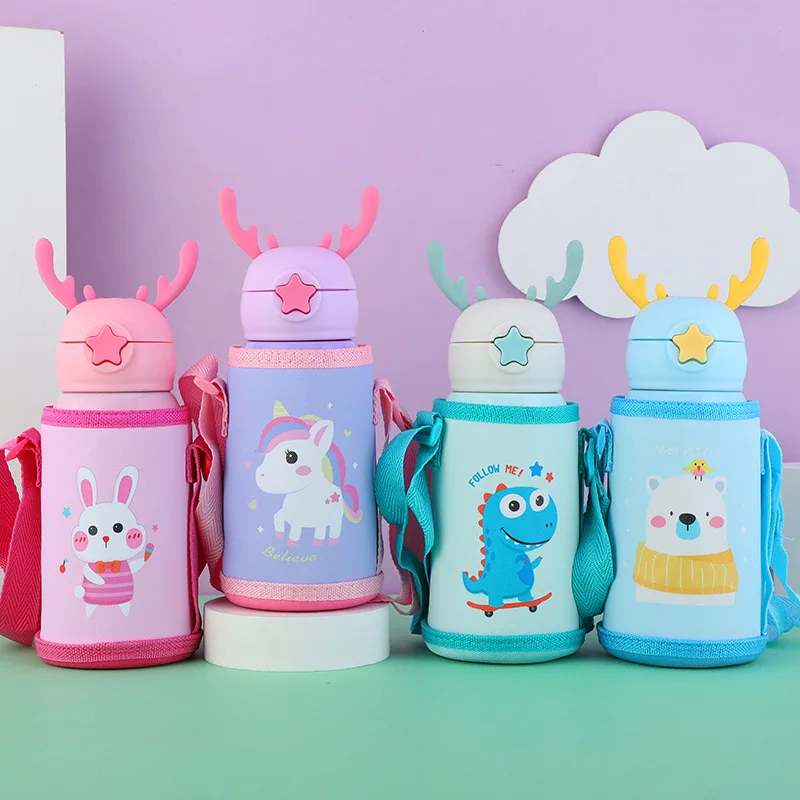

500ml Baby' Vacuum Flasks Thermos Water Bottle Temperature Display Children's 316 Stainless Steel Straw Cup With Straps Rope Bag