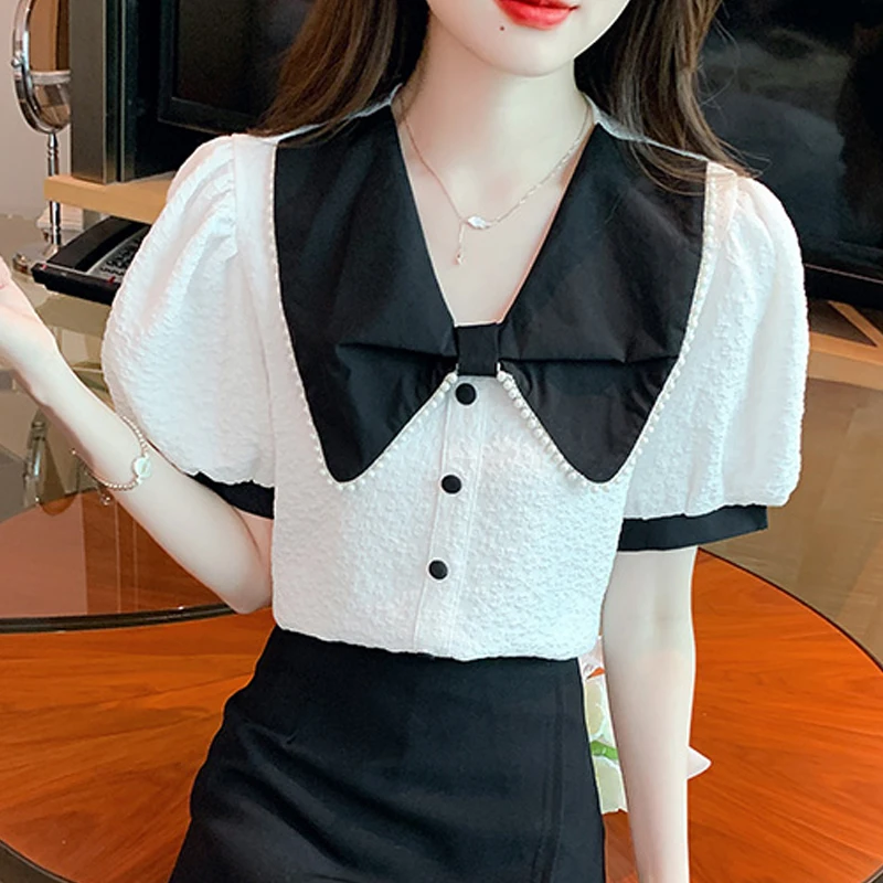 

Summer Women's Short Sleeve Elegant French Doll Neck Contrast Jacquard Shirt Womens Tops Blusas Mujer Camisas Blouse Women C581