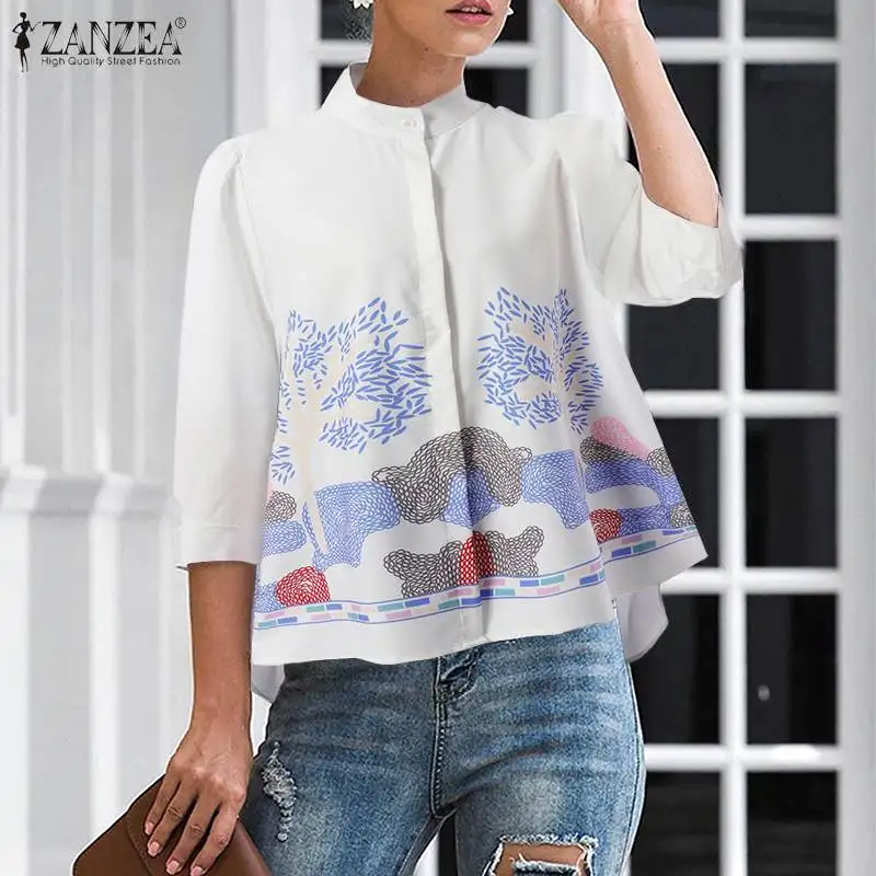 

Female OL Casual Baggy Tops Oversized ZANZEA Fashion Printed Blouse Women Vintage Irregular Blusas 2022 Spring 3/4 Sleeve Shirts
