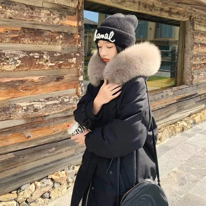 New Hooded Down Jacket White Duck Down Fox Fur Collar Warm Cotton Jacket Women In The Long Section Design Sense Sweet Jacket