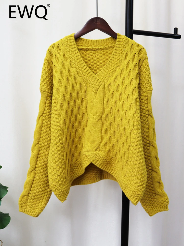 

EWQ Sweet Chic Women's Sweater V-neck Knitted Long-sleeve Twists Striped Solid Color Loose Sweater Autumn 2023 New 27SN2952