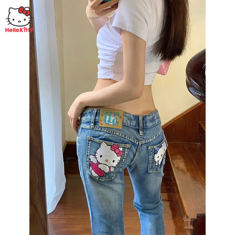 

Женские джинсы с заниженной талией Hello Kitty из аниме Sanri, Свободные повседневные широкие брюки, пряные расклешенные штаны Y2k для девушек, летние Мультяшные брюки