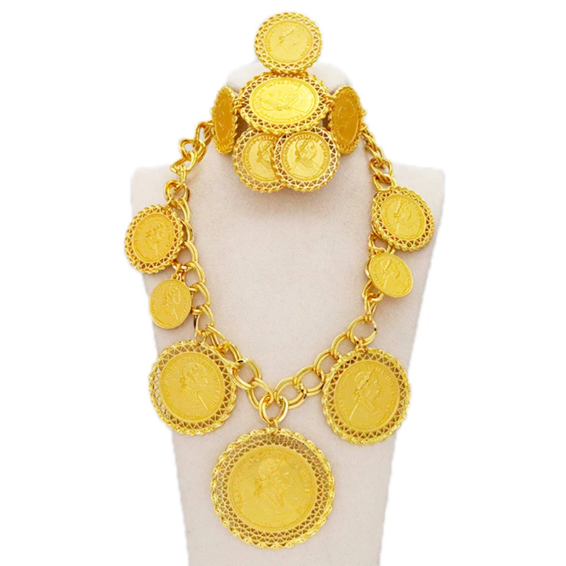 

Coin Necklace/Earring/Ring/Bracelet Dubai Jewelry Sets For Women Gold Color Coins Arabic/African Bridal Turkey Wedding Gifts