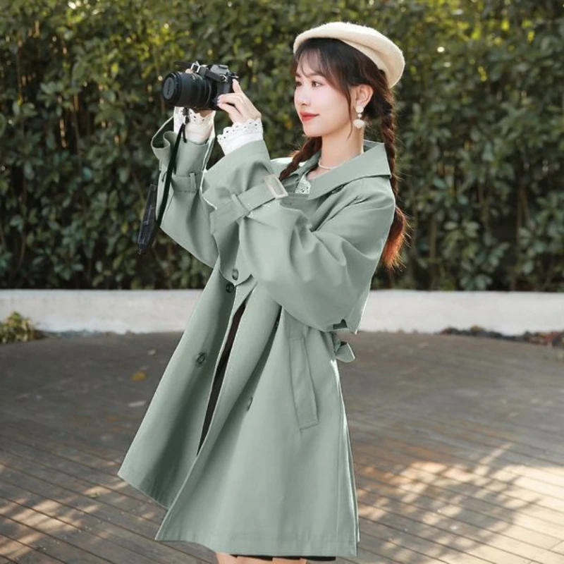 

2023 Spring Autumn Mid-length Double-breasted Frenulum Women's Trench Coat Japan Style Grace Little Chap Women Jacket Navy Blue
