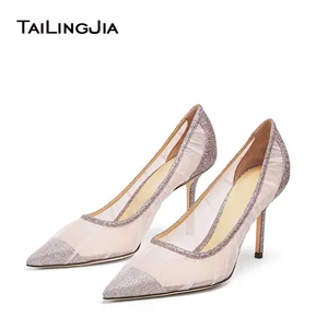 Sexy Women Pink High Heels 2022 Mesh White Stiletto Wedding and Bride Pumps for Ladies Girls Pointy Toe Shoes