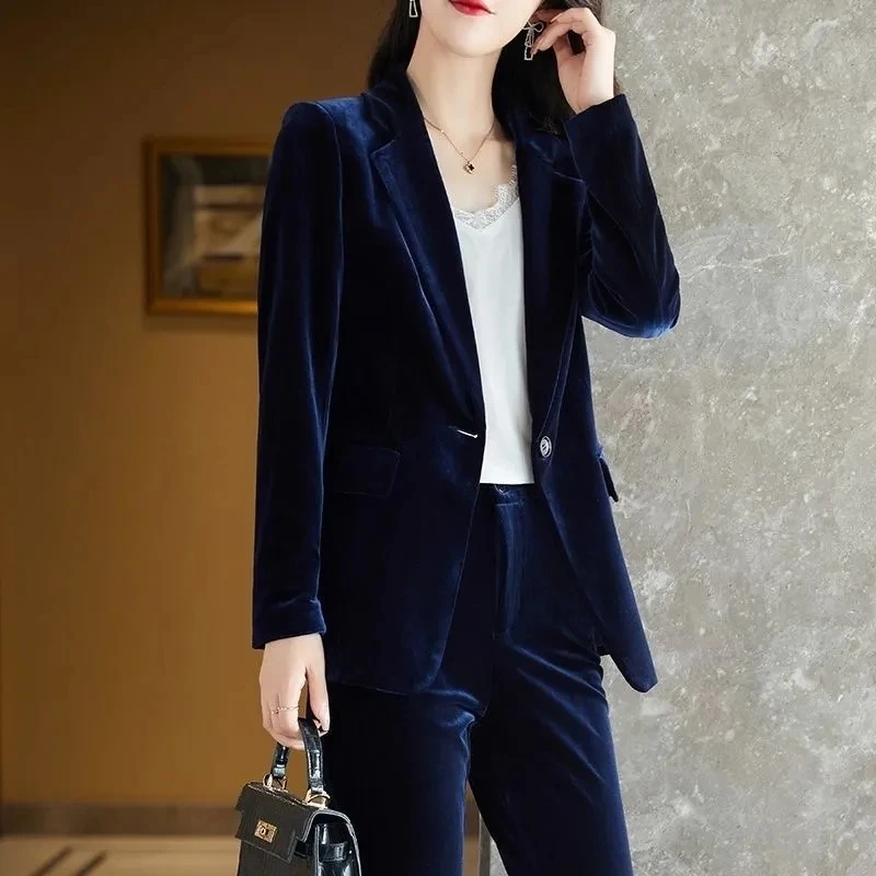 

Gold Velvet Two Piece Sets Womens Outfits 2022 Autumn Winter New Fashion Slim Plus Size Blazer Nine-point Pants Suit Women