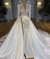 vintage 2022 pearls mermaid wedding dresses bridal gowns with detachable train v neck long sleeve split arabic robe de mari%c3%a9e