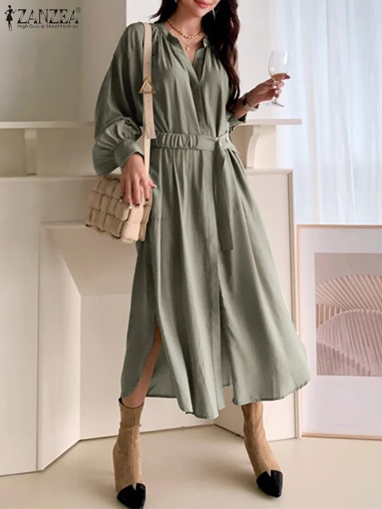 

Women Casual Long Sleeve O Neck Shirt Dress ZANZEA Elegant Belted Midi Sundress 2022 Fashion Office Work Vestidos Slim OL Kaftan