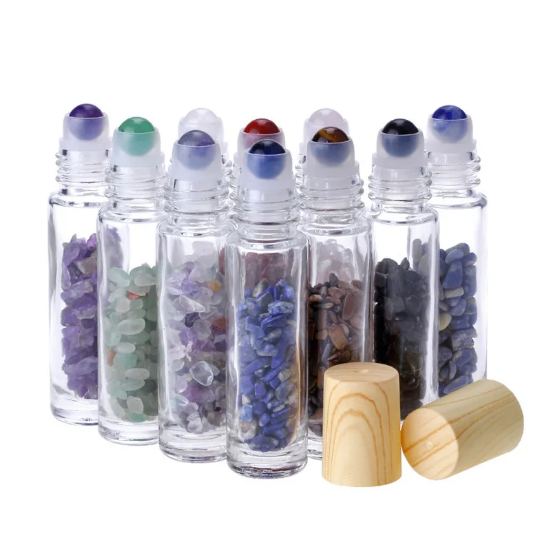 

100pcs/lot 10ml Natural Semiprecious Stones Essential Oil Roller Bottles with wood cap Roll-on Bottles Gemstone with Wooden Caps