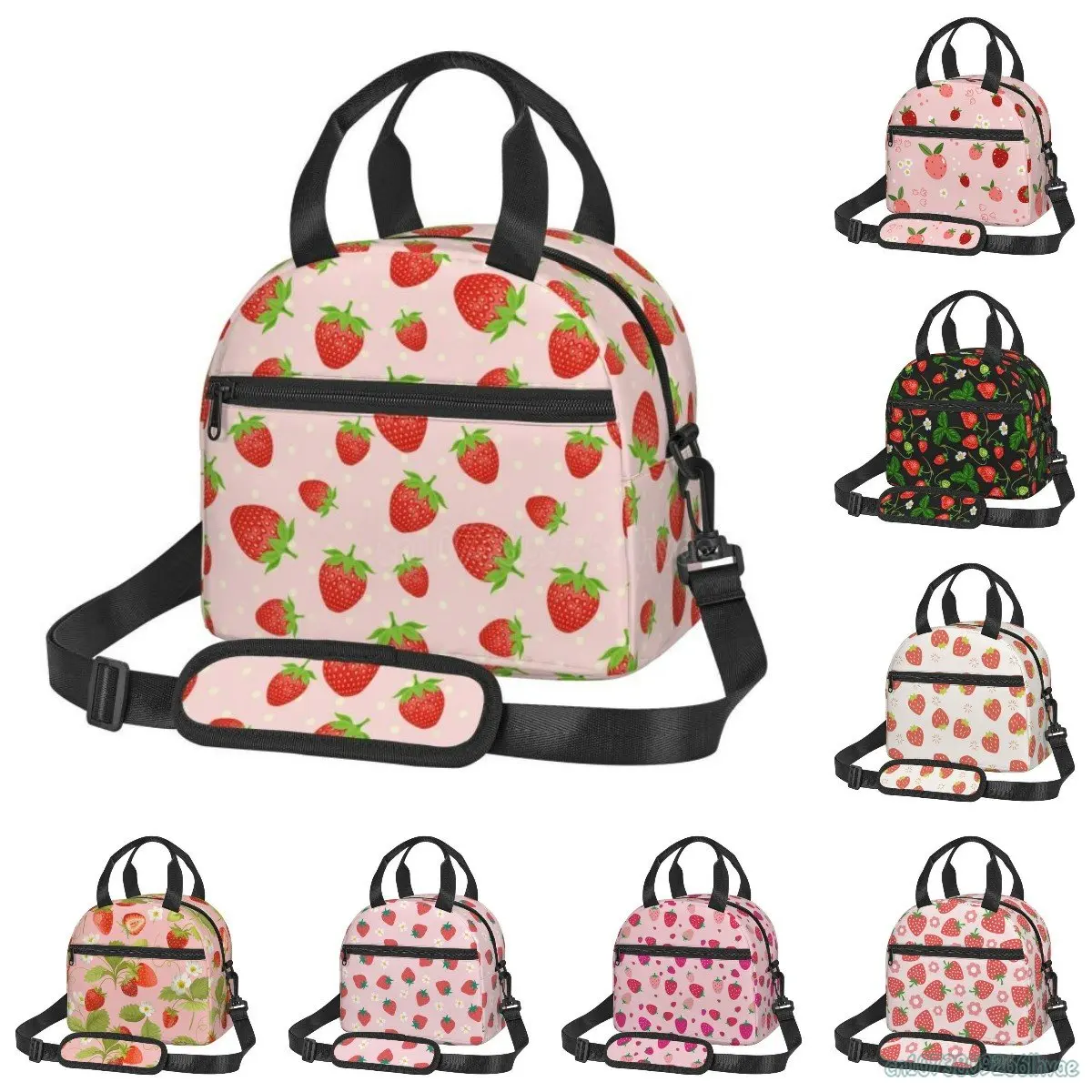 

Cute Strawberries Flowers Insulated Lunch Bag Reusable Thermal Lunch Box Bento Tote Bags for Work School Picnic Travel Cooler