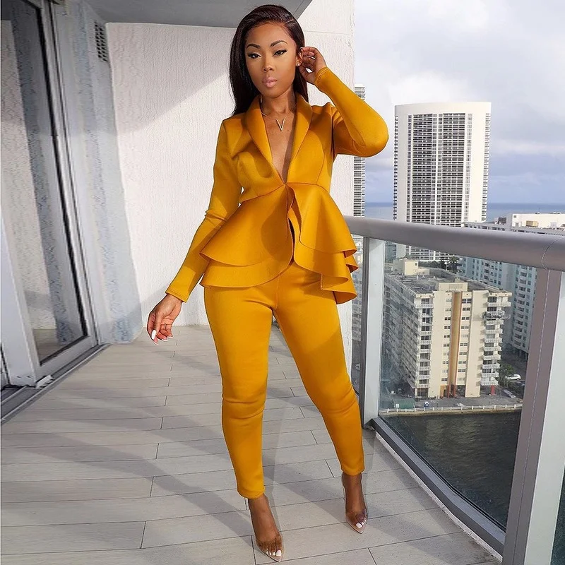 V-Neck Ruffle Blazer Suit Two Piece Set Women Sexy Solid Colors Casual Office Blazer 2023 Formal High Waist Pencil Pants Suits