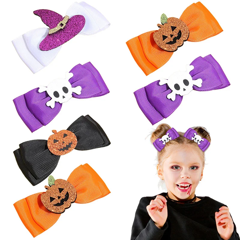 

2Pcs Ribbon Bows Hairpins Glitter Pumpkin Ghost Hair Clip For Girls New Halloween Party Hair Styling Accessories Kids Barrettes