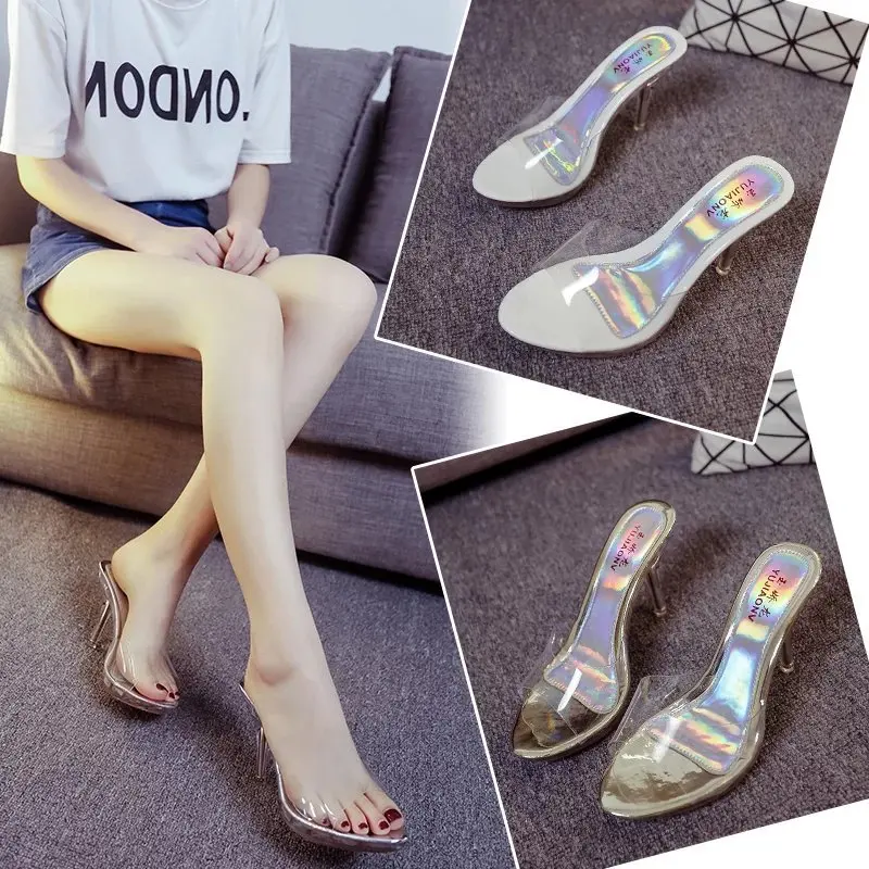 

Transparent PU Women Shoes Summer Women Sandals 2022 Fashion Slip on Peep Toe 9 Cm Thin High Heels Non Slip Sexy Female