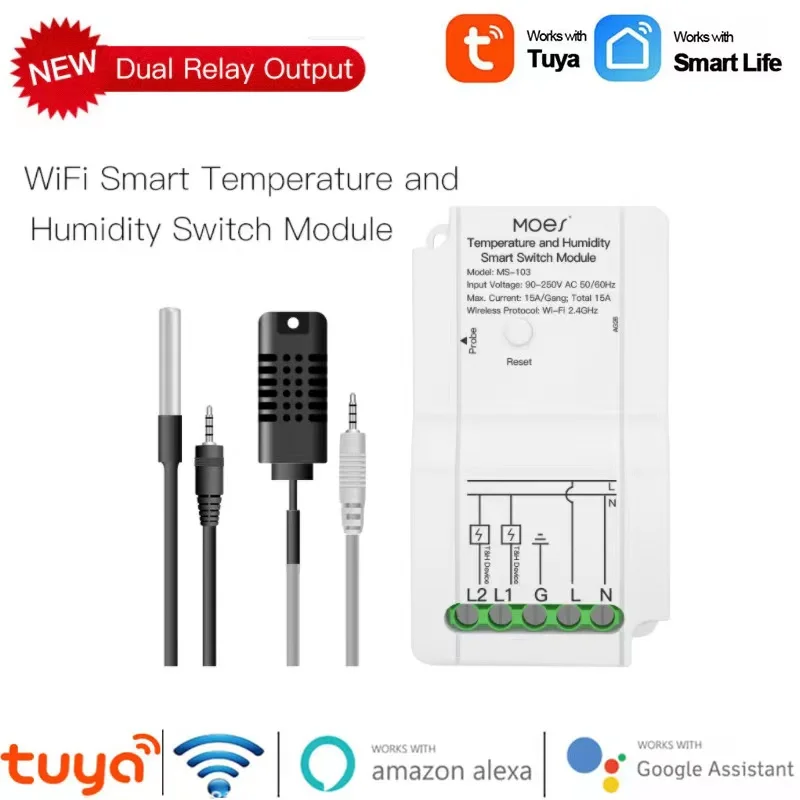 

Умный модуль переключателя температуры и влажности Tuya, Wi-Fi сенсор с двумя релейными выходами, беспроводной контроллер, работает с Alexa Google Home,...