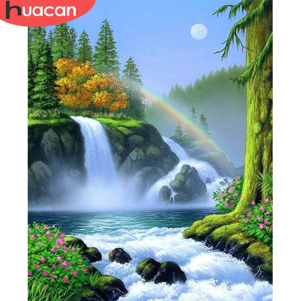 

HUACAN Full Diamond Painting Waterfall Landscape Cross Stitch Kits Mosaic Embroidery Needlework Bedroom Decoration Handicraft