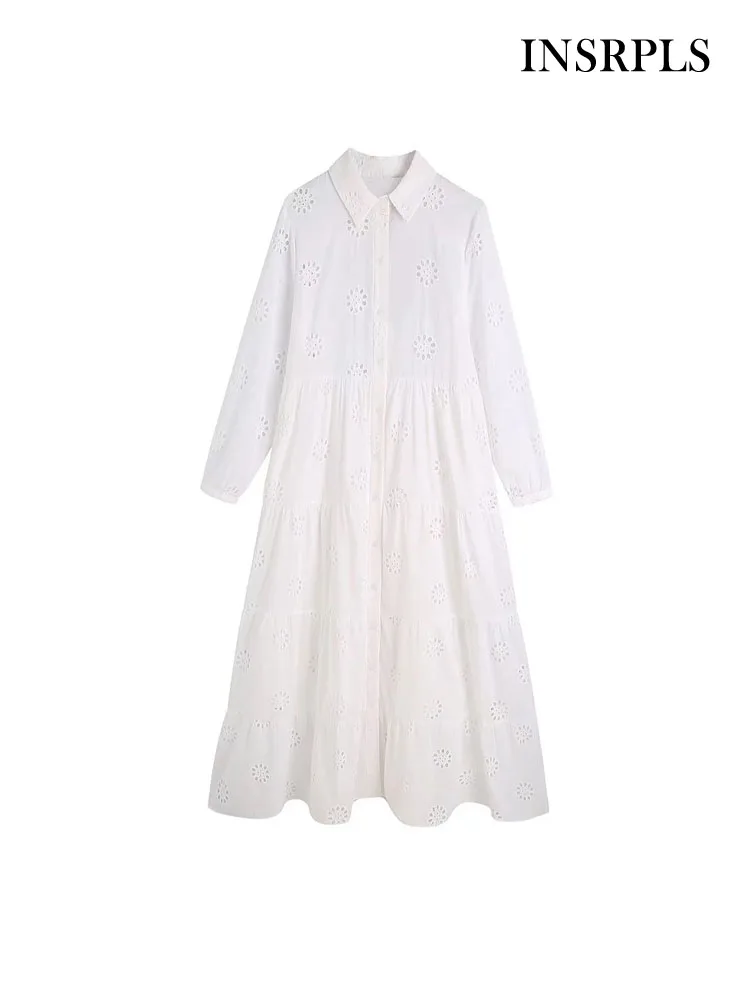 

INSRPLS Women Fashion WithLining Cutwork Embroidery Midi Shirt Dress Vintage Long Sleeve Button-up Female Dresses Vestidos Mujer