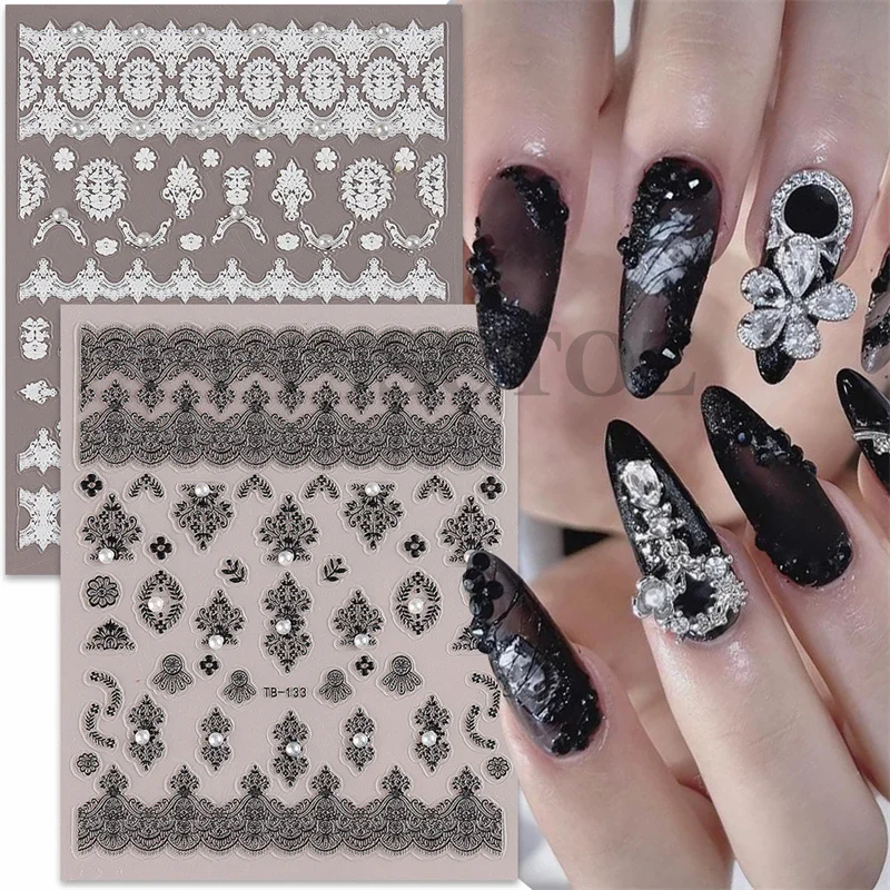 

1pcs 5D Pearl Lace Ribbon Flower Nail Stickers Engraved Sliders for Nails Art Decora Black White Manicure Decals DIY Accessories