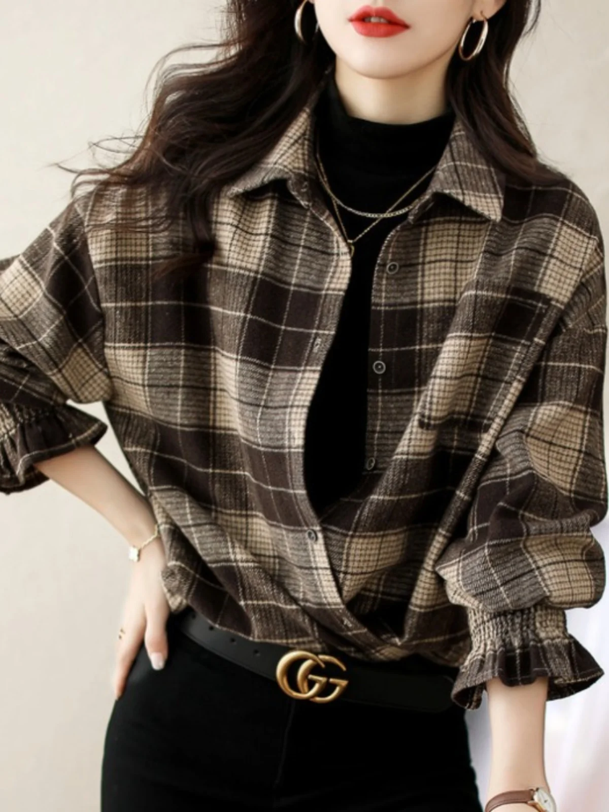 Sanding Plaid Shirts Outerwear Women's Clothes Spring and Autumn Winter 2024 New Elegant Top Shirt Long sleeve