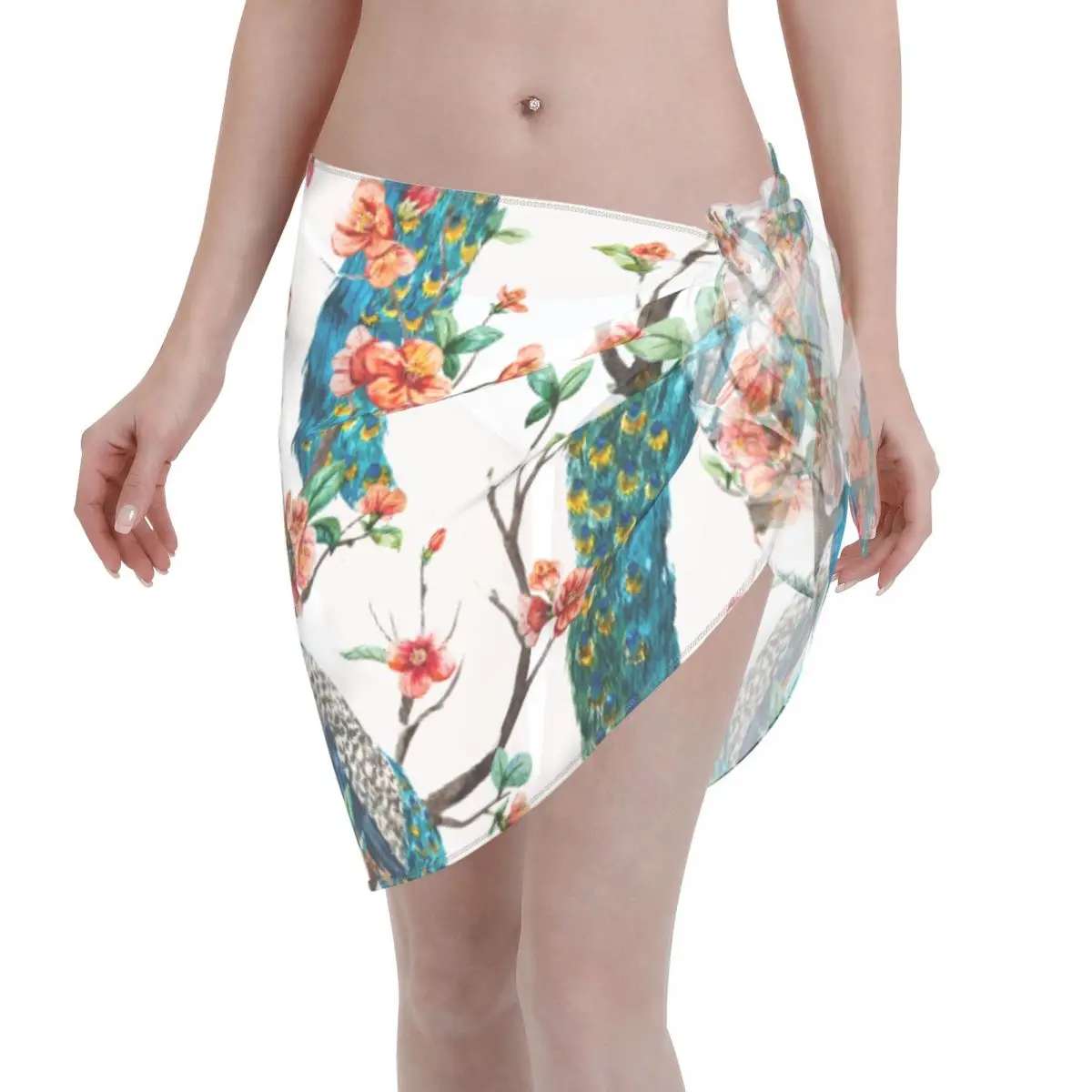

Watercolor Flowers Peacock Women Cover Up Wrap Chiffon Swimwear Pareo Sarong Beach Wear Casual Bikini Cover Ups Skirt Swimsuit