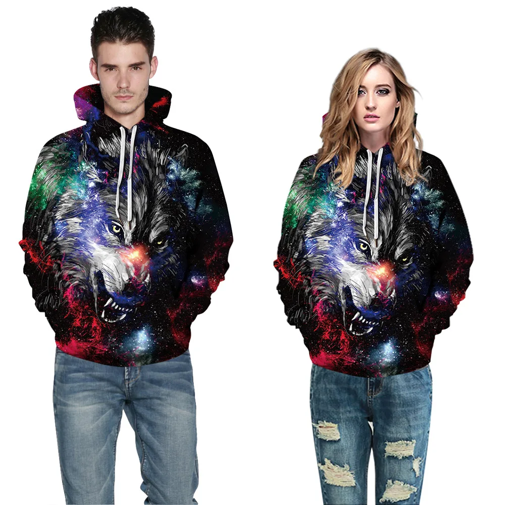 Halloween Hot Sale New 3D Wolf Digital Printing Couple Wear Long Sleeve Hooded Sweater Loose Casual Outer Wear