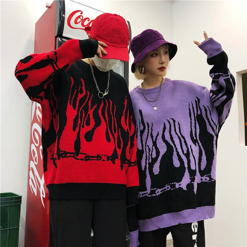 Women Y2K Flame Print Oversized Sweater Pullovers Punk Gothic Grunge Long Sweaters Harajuku Aesthetics Jumpers Street Tops