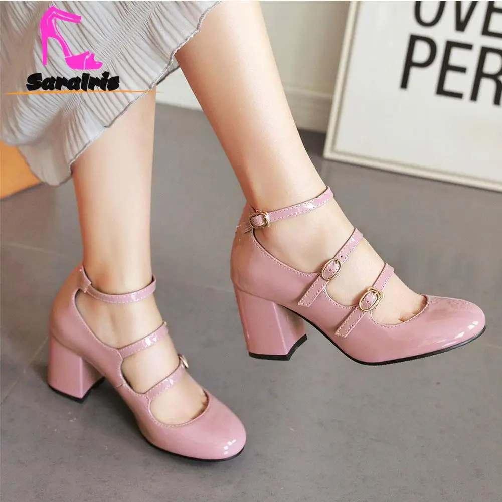 Spring Summer Thick High Heels Mary Jean Shoes Hot Fashion 2023 Sweet Elegant Women Pumps Ankle Buckle Lady Pumps Comfy Walking