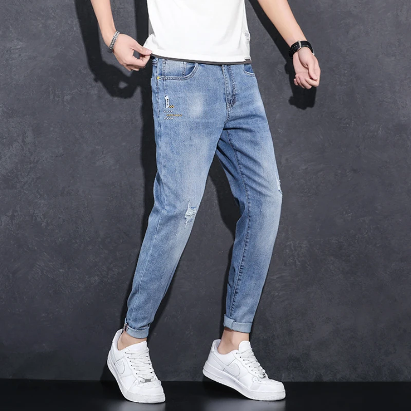 Y2k Streetwear Jeans for Men High Street Fashion Men Clothing Slim Ripped Jeans Mid Waist Cropped Jeans