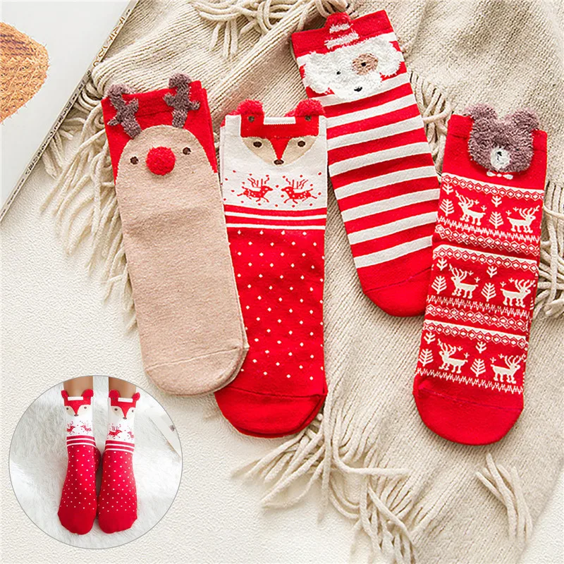 

New Year Party Socks Gift Cartoon Christmas Winter Socks Cute Cartoon Striped Socks Women Girl Lovely Santa Bear Elk Printed