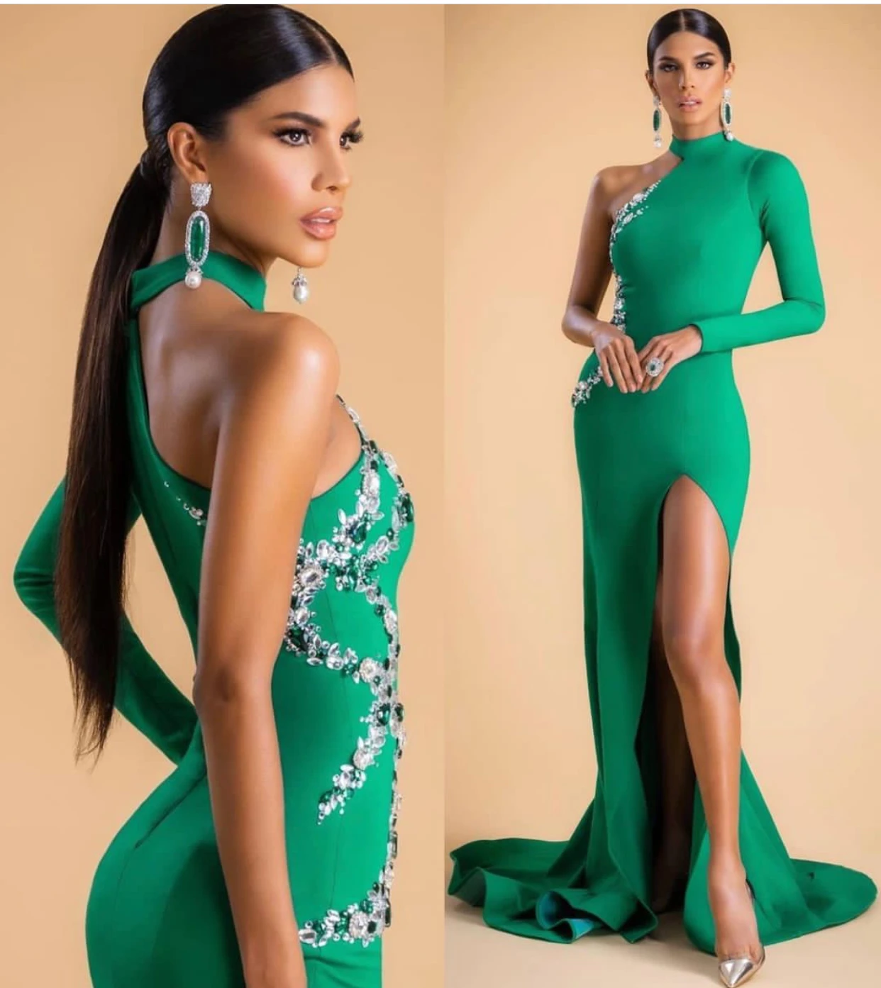 

New Green Velour Beading Mermaid Halter One Shoulder Floor Length Split Evening Dress