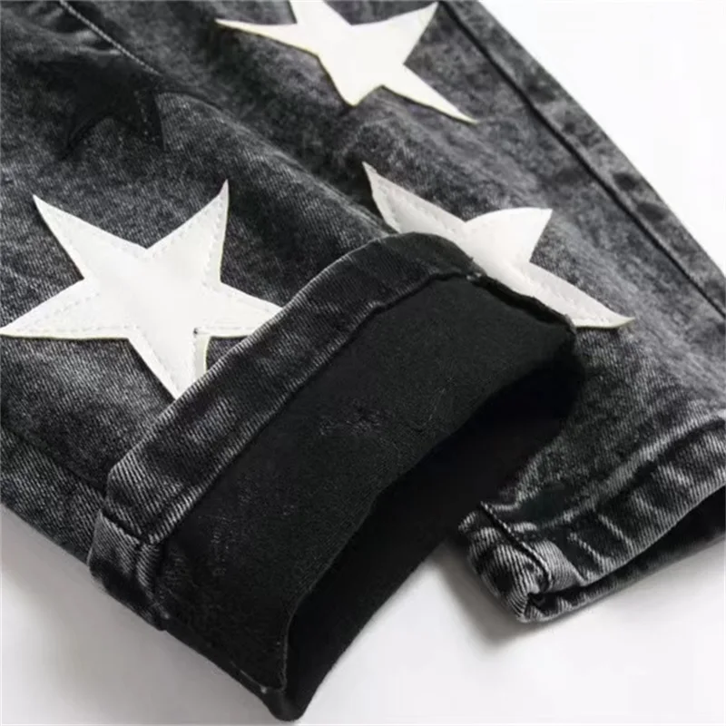 EH·MD® Star Embroidered Jeans Men's Leather Micro-Channel Stitching Cotton High Stretch Slim Pants 3D High Street Gradient Art23