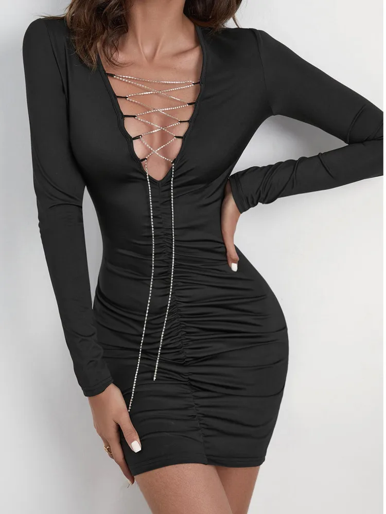 

Sexy V-Neck Patchwork Silver Chain Hollow Out Mini Dress Drawstring Full Sleeve Bodycon Vestido Tunics Summer Evening Dresses
