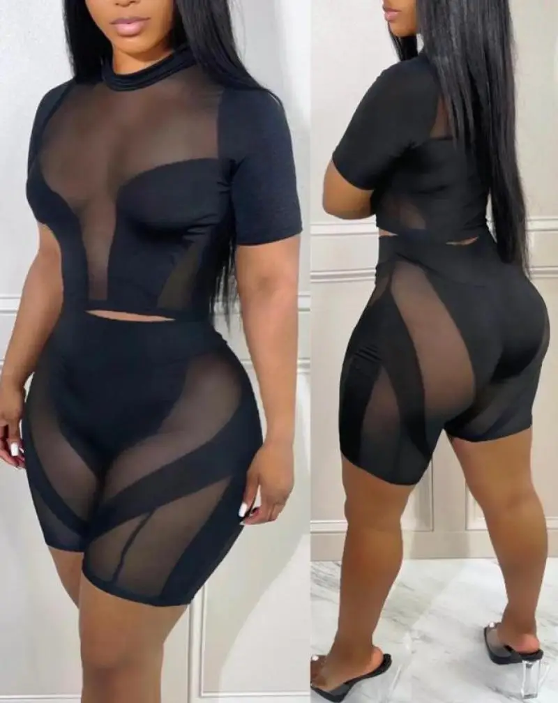 

2022 summer new Fashion Daily Club Party Streetwear Shorts Two Piece Set Sheer Mesh Crop Top & Shorts Set Sexy Skinny Suit