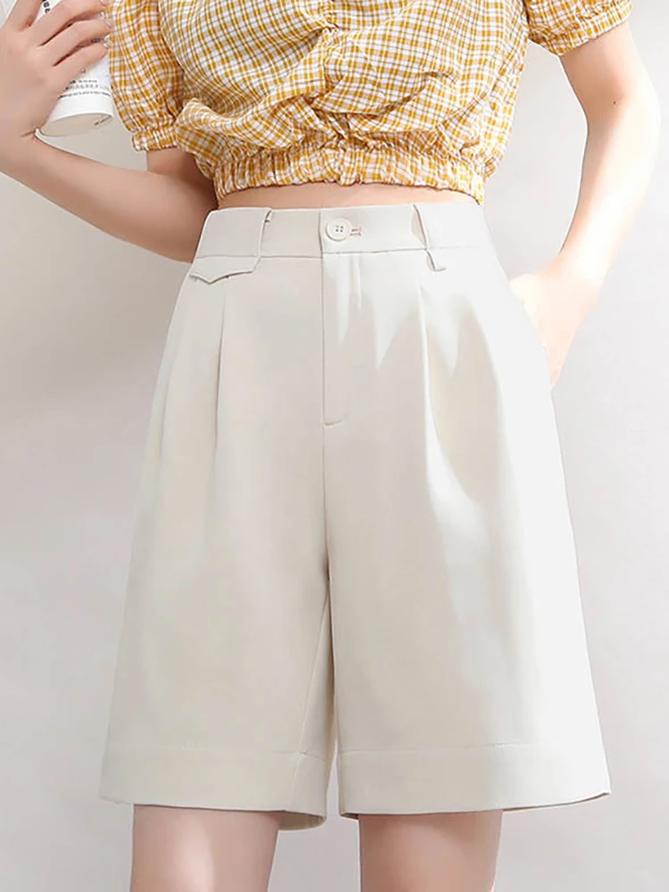 Summer Green Shorts Women High Waist Straight Knee-length Shorts for Women with Pocket Wide Leg Casual Short Pants Ladies Office