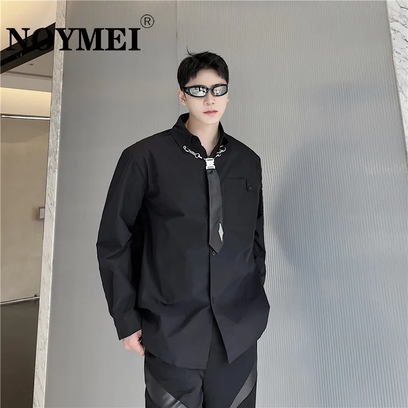 

NOYMEI Male Blazer Tie Decoration Fashionable 2023 Autumn Loose Causal Long Sleeve Men's Shirt Metal Personality Lapel WA1359