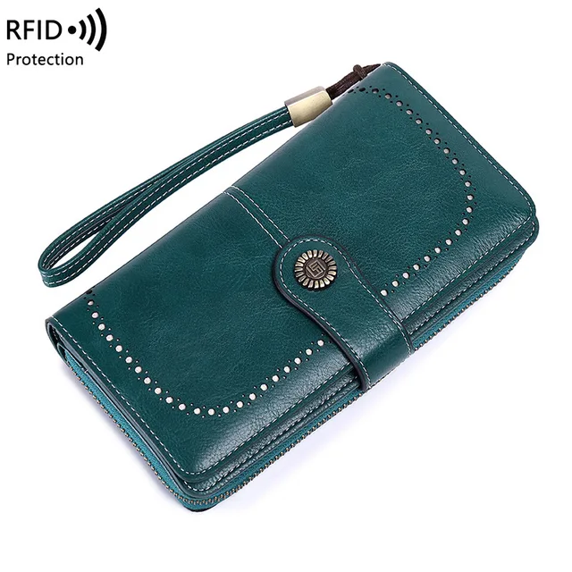 New RFID Blocking Long Zipper Leather Wallet for Women Fashion Business Credit Card ID Holder Bag Clutch Wallet Female Purse 2