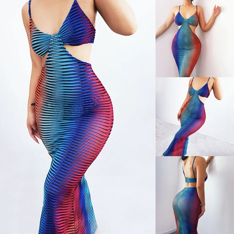 

Women Summer Halter Colorful Print Hollow Out Sleeveless Bandage Slim Dresses Female Casual Streetwear Party Dress