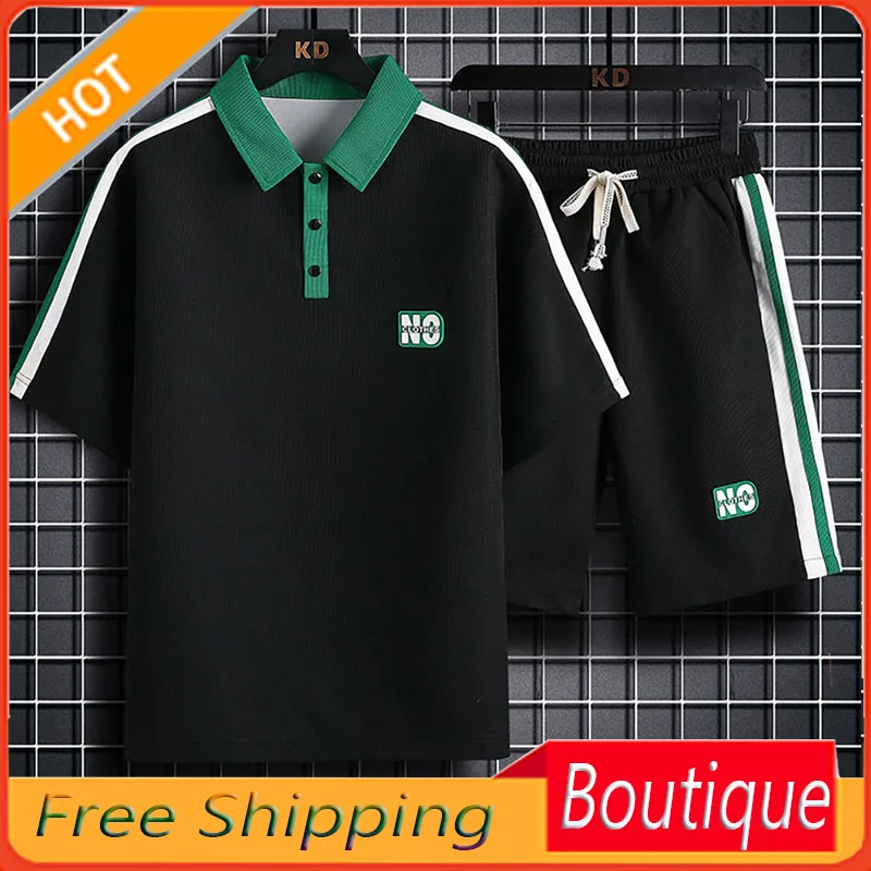 Summer Waffle Men's Sport Suit Summer Casual Polo Shirt Short Sleeve Shorts Fashion Brand Men's Clothing 2023 New