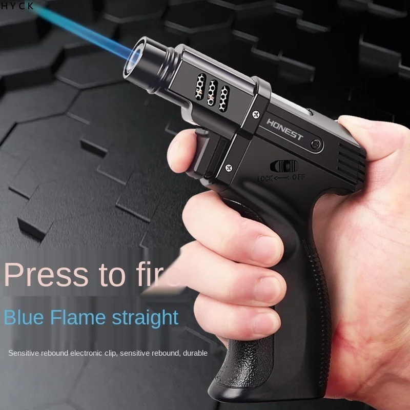 

2022 New Windproof Straight Gas Metal Pistol Shape Lighter Cigar Cigarette Blue Flame Men's Gift