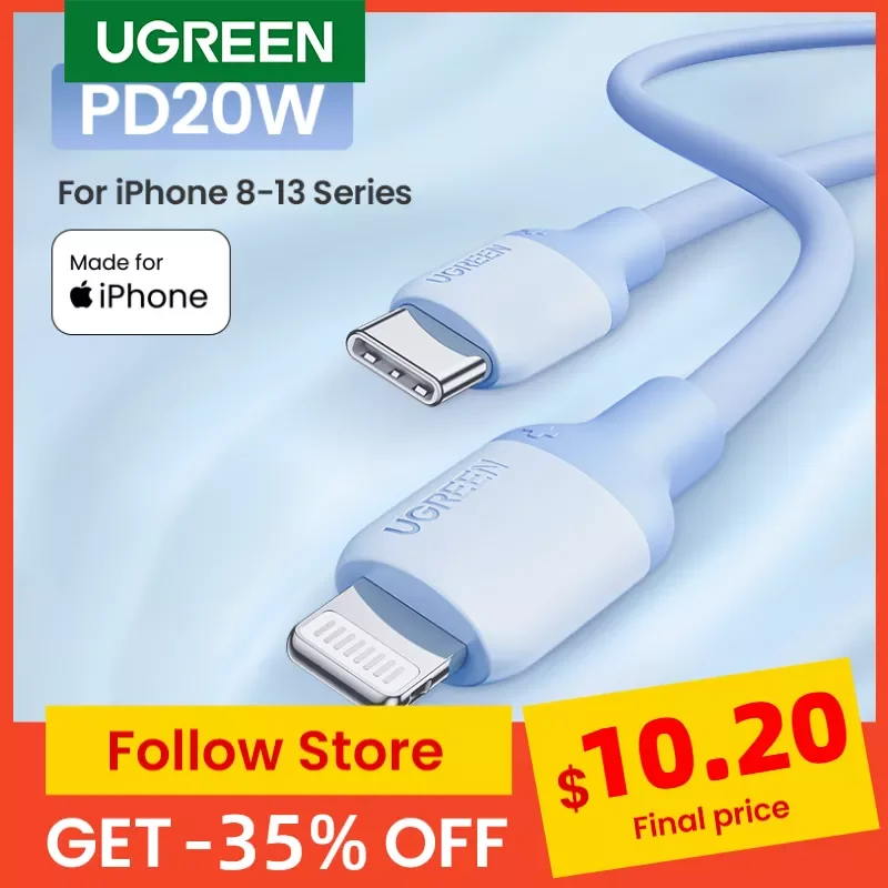 

U-G-REEN 20W PD USB C Cable for iPhone 13 12 11 Pro Max Mini MFi Type C Fast Charging for iPhone Charger Silicone Lightning Cabl