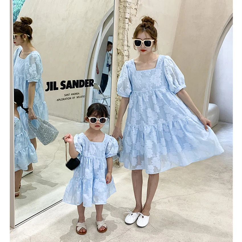 

Mother Daughter Summer Dress Parent Child Puff Sleeve Lace A Skirt My Mother and Little Girl Clothes Family Matching Outfits