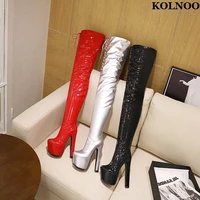 kolnoo 2022 new handmade womens chunky heel boots crisscross shoelace patent leather over knee boots evening fashion prom shoes