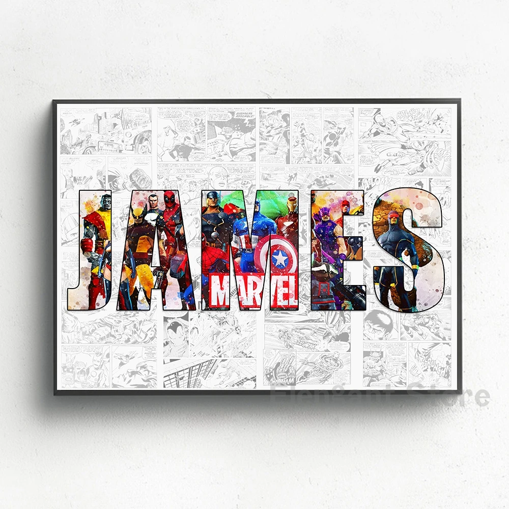 

Personalized Marvel Name Word Art Print AVENGERS Character Poster Superhero Canvas Painting Wall Art Comic Hero Gift Home Decor