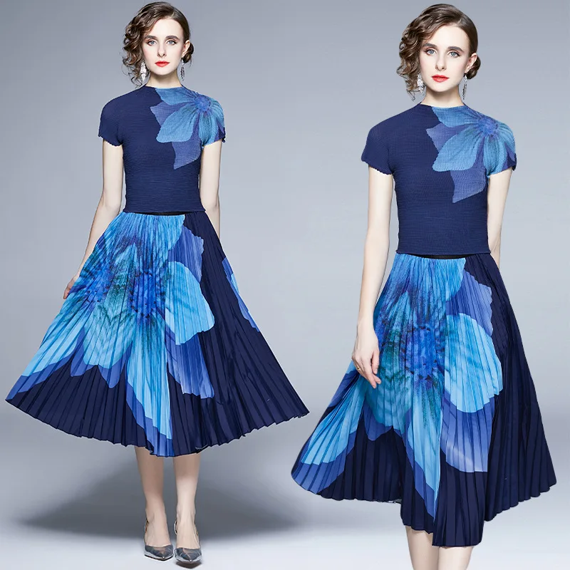 

Miyake Pleated Suit Women 2022 Summer Gradient Color Printed Loose Top Women's High Waist Two-Piece Overskirt Suit Skirt Sets