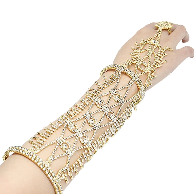 

Women for rhinestone Tassels Arm Cuff Armlet Bracelet and Ring Wedding Bride Leaves Fringe Jewelry Hand Chain Bangle Belly Dance