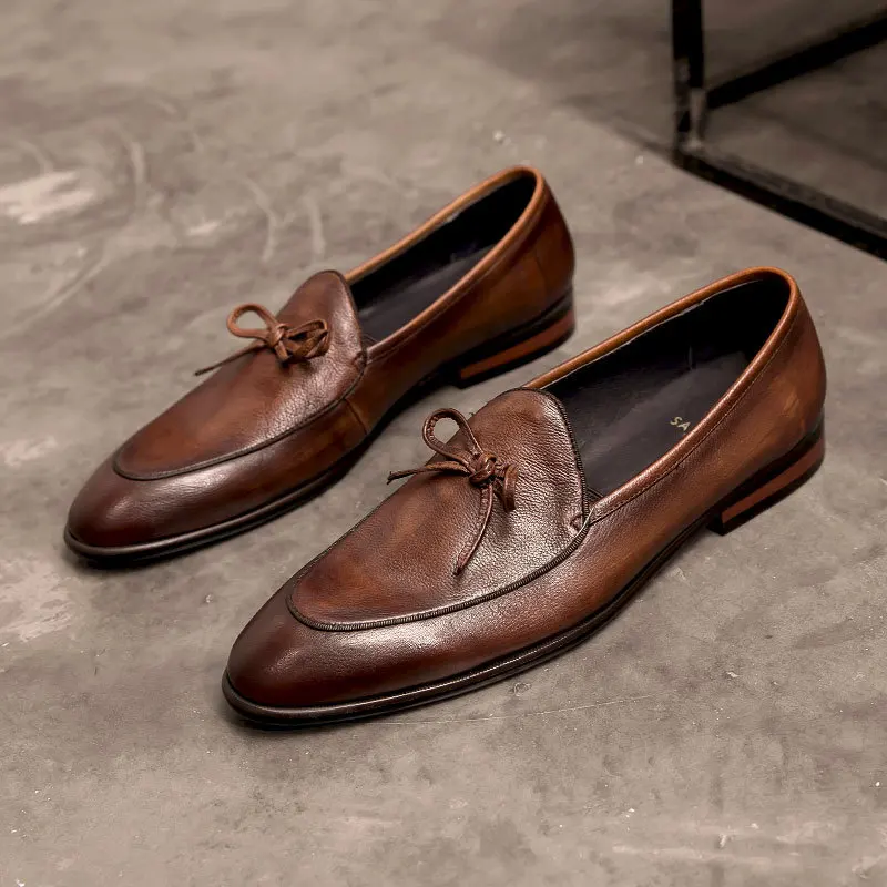 

Genuine Leather Men Loafers Handmade Square Toe Butterfly-knot Solid Handmade Free Shipping Zapatos De Vestir Hombre